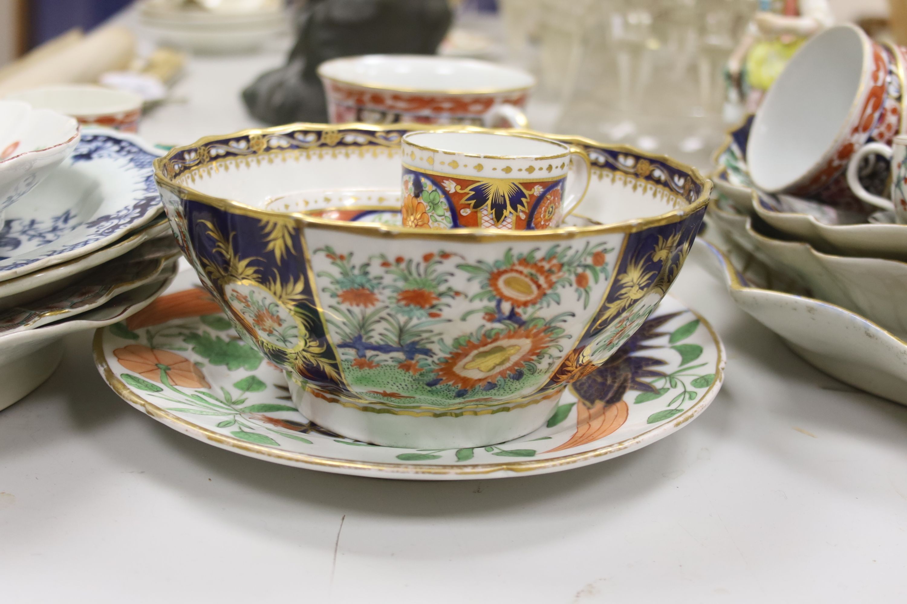 An Assortment of 18th century Worcester and Chelsea porcelain tableware and a Derby figure, damaged